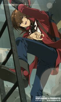 Rule 34 | 1boy, black shirt, blue pants, brown eyes, brown hair, commentary request, dynamic pose, english text, highres, jacket, ladder, lens flare, open clothes, open jacket, pants, red jacket, shirt, simple background, sitting, sunlight, watermark, yoshio 296, yu-gi-oh!, yu-gi-oh! gx, yuki judai
