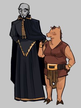 Rule 34 | 1boy, 1girl, aquiline nose, bald, black robe, breasts, colored skin, commentary, english commentary, evoker (minecraft), facial hair, full body, grey background, grey skin, height difference, hetero, highres, hooves, illager (minecraft), illwilledomen, loincloth, medium breasts, minecraft, mustache, nose, pig girl, piglin, plump, robe, simple background, smile, thick eyebrows