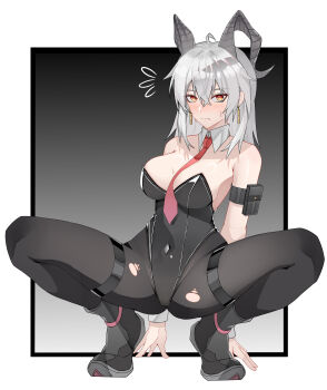 1girl @_@ absurdres ahoge ankle_boots arm_pouch bare_shoulders black_background black_boots black_leotard black_pantyhose blush boots border breasts chinese_commentary closed_mouth commentary_request covered_navel curled_horns detached_collar earrings embarrassed flying_sweatdrops full_body gradient_background grey_background grey_hair grey_horns groin hair_between_eyes highleg highleg_leotard highres horns jewelry leotard looking_at_viewer medium_breasts medium_hair muusn necktie outside_border pantyhose playboy_bunny red_necktie solo squatting strapless strapless_leotard sweatdrop thigh_strap torn_clothes torn_pantyhose white_border wuthering_waves yellow_eyes zani_(wuthering_waves)