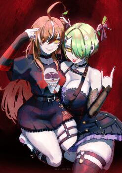 2girls absurdres ahoge antler_ornament antler_ribbon antlers arm_up armpit_crease asymmetrical_docking belt black_background black_belt black_bow black_choker black_dress black_eyeliner black_hair black_nails black_shirt black_skirt black_sleeves black_sweater bow branch breast_press breasts brown_hair ceres_fauna ceres_fauna_(goth) chest_harness choker cleavage crinoline curvy dark_background detached_sleeves dress ear_piercing earrings emo_fashion erasorpepero eyelashes eyeliner flower frilled_dress frills garter_belt goth_fashion green_hair hair_between_eyes hair_flower hair_ornament hair_over_one_eye hairclip harness heart heart_choker heart_o-ring heart_ring_choker highres hololive hololive_english horn_bow horn_ornament horns huge_ahoge jewelry lace lace-trimmed_choker lace-trimmed_sleeves lace_sleeves lace_trim large_breasts legwear_garter long_hair long_sleeves looking_at_viewer makeup medium_breasts multicolored_hair multiple_girls nail_polish nanashi_mumei nanashi_mumei_(emo) nightmare_(nanashi_mumei) o-ring o-ring_choker o-ring_garter_belt o-ring_harness o-ring_legwear_garter o-ring_strap o-ring_thigh_strap official_alternate_costume official_alternate_hairstyle parted_lips piercing pleated_dress pleated_skirt punk red_nails red_skirt red_sweater shirt shirt_tucked_in short_hair short_sleeves single_fishnet_legwear skirt sleeveless sleeveless_dress smile spiked_ear_piercing strap streaked_hair striped_clothes striped_sweater sweater sweater_under_shirt thick_thighs thigh_strap thighhighs thighs tongue tongue_out tree_horns two-tone_sweater unworn_hair_ornament unworn_hairclip virtual_youtuber white_hair yellow_eyes