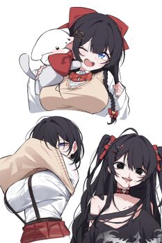 1girl :d absurdres black_eyes black_hair black_shirt blood blood_on_face blue_eyes bow bowtie braid breasts brown_sweater_vest center-flap_bangs collar commentary_request creature diagonal-striped_bow diagonal-striped_bowtie diagonal-striped_clothes double-parted_bangs haedungi_(shirayuki_hina) hair_bow hair_ornament half-closed_eyes heart heart_hair_ornament highres korean_commentary large_breasts licking licking_another's_face long_hair long_sleeves looking_at_viewer mmhomm multiple_views one_eye_closed open_mouth parted_bangs raised_inner_eyebrows red_bow red_bowtie red_collar shirayuki_hina shirt sidelocks simple_background single_off_shoulder smile stellive striped_bow striped_bowtie striped_clothes sweater_vest torn_clothes torn_shirt two_side_up undressing virtual_youtuber white_background white_shirt