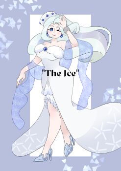 1girl absurdres alternate_costume beret blue_eyes blue_gemstone blue_veil breasts chest_jewel cleavage commentary_request cosplay diamond_earrings dress earrings english_text frosmoth frosmoth_(cosplay) gem gen_8_pokemon hat high_heels highres jewelry large_breasts long_hair mature_female melony_(pokemon) multicolored_hair nintendo one_eye_closed plump pokemon pokemon_swsh raspberry_dim ring smile solo strapless strapless_dress streaked_hair veil wedding_ring white_dress white_hat