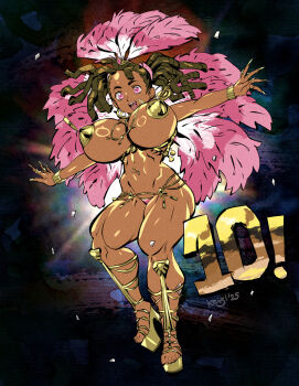 1girl :d alternate_muscle_size ayukawa_miyuki basquash! boots breasts carnaval_do_brasil carnival dark-skinned_female dark_skin dreadlocks feathers full_body high_heels highres huge_breasts keigi knee_boots muscular muscular_female nipple_jewelry nipple_tassels open_mouth pasties piercing pink_eyes pink_feathers platform_heels revealing_clothes samba simple_background smile solo tareme tassel thick_thighs thighs tongue_piercing twintails