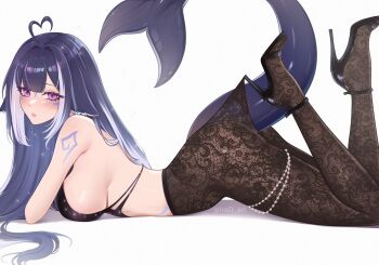 1girl black_bra black_pantyhose blue_hair body_markings bra breasts cetacean_tail facial_mark fins fish_tail from_side high_heels highres indie_virtual_youtuber irad_art lace_pantyhose lace_pantyhose_hooked_on_heel_(meme) large_breasts long_hair looking_at_viewer lying meme multicolored_hair on_stomach orca_girl pantyhose purple_eyes shylily simple_background solo tail two-tone_hair underwear virtual_youtuber white_background white_hair