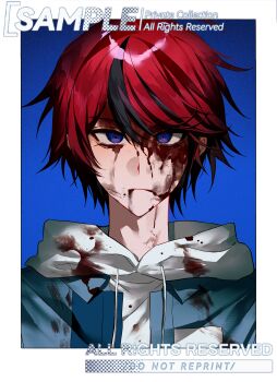 1boy absurdres black_hair blood blood_from_forehead blood_on_clothes blood_on_face blood_on_neck blue_background blue_eyes border chinese_commentary closed_mouth commentary_request drawstring hair_between_eyes highres hood hood_down hoodie jacket jacket_over_hoodie looking_at_viewer male_focus multicolored_hair open_clothes open_jacket portrait red_hair sample_watermark sanpaku shizong_renkou short_hair solo streaked_hair sumino_takumi the_hundred_line_-last_defense_academy- two-tone_hair variant_set watermark white_border white_hoodie