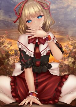 1boy 1girl black_shirt blonde_hair blue_eyes collar covered_penetration girl_on_top hair_between_eyes hair_ribbon highres implied_sex looking_at_viewer medicine_melancholy medium_hair neck_ribbon puffy_short_sleeves puffy_sleeves red_ribbon ribbon ribbon_trim shirt short_sleeves shounen_(hogehoge) smirk solo_focus teeth touhou white_collar