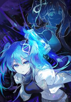 Rule 34 | 1girl, absurdres, black shorts, breasts, green eyes, green hair, hair between eyes, hatsune miku, highres, jacket, looking at viewer, medium breasts, navel, shorts, solo, soyoong jun, twintails, vocaloid, white jacket