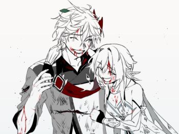 1boy 1girl bare_shoulders blood blood_from_forehead blood_from_mouth blood_on_arm blood_on_face blood_on_hands breasts cleavage closed_eyes collarbone collared_jacket commentary cuddling dress english_commentary genshin_impact hair_between_eyes hand_up highres jacket leaf leaf_on_head long_hair lumine_(genshin_impact) mask mask_on_head medium_breasts open_mouth red_mask red_scarf scar scarf short_hair sidelocks simple_background sketch smile tartaglia_(genshin_impact) unholymilk upper_body white_background