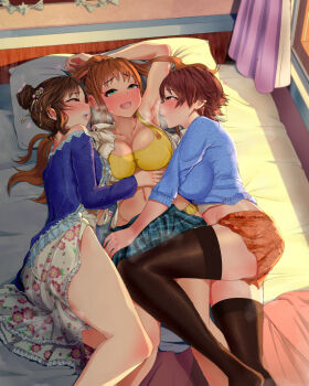 3girls :3 :d aqua_skirt arm_behind_head armpits bed bedroom black_legwear blue_sweater blush bra breast_press breasts brown_hair cleavage collarbone cuddling curtains day dot_nose dress fff_threesome floral_print frilled_skirt frills from_above furrowed_brow girl_sandwich green_dress green_eyes groin group_sex hair_bun hair_ornament hairclip hand_on_another&#039;s_hip hand_on_another&#039;s_stomach heart heavy_breathing highres hino_akane_(idolmaster) honda_mio idolmaster idolmaster_cinderella_girls indoors large_breasts long_hair long_sleeves looking_at_another lying midriff miniskirt monobe_yuri multiple_girls on_back on_bed on_side open_clothes open_mouth open_shirt orange_eyes orange_shorts panties pillow plaid_clothes plaid_skirt positive_passion sandwiched shirt short_hair shorts single_hair_bun skirt smell smelling smelling_armpit smile sweat sweater takamori_aiko teeth thighhighs threesome tongue tongue_out torogao underwear wavy_hair white_shirt window yellow_bra yellow_panties yuri zettai_ryouiki