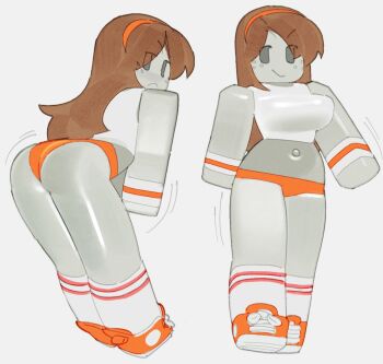 1girl ass breasts brown_hair crop_top freckles from_behind highres long_hair looking_at_viewer navel orange_panties orange_shoes panties roblox shoes simple_background socks solo underwear wamudraws white_background