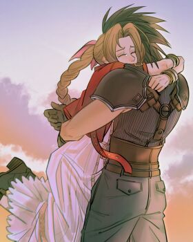 1boy 1girl aerith_gainsborough armor arms_around_neck black_hair boots bracelet braid braided_ponytail brown_gloves brown_hair closed_eyes cloud cloudy_sky couple cowboy_shot feet_up final_fantasy final_fantasy_vii final_fantasy_vii_remake gloves hair_ribbon happy_tears highres hug jacket jewelry long_hair outdoors pants parted_bangs pink_ribbon pink_sweater ponytail red_jacket ribbed_sweater ribbon shoulder_armor sky sleeveless sleeveless_turtleneck spiked_hair sweater sylvthea tears turtleneck turtleneck_sweater zack_fair