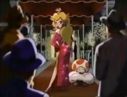 Rule 34 | 1990s (style), 1993, 1girl, 4boys, alternate costume, animated, anime screenshot, ass, bare legs, blinking, blonde hair, blowing kiss, breasts, camera, cleavage, crown, dress, elbow gloves, evening gown, fur trim, gloves, hat, high heels, jewelry, legs, long hair, lots of jewelry, mario (series), mini crown, multiple boys, necklace, nintendo, official art, one eye closed, photographer, princess, princess peach, red carpet, red dress, retro artstyle, sequins, shoes, side slit, sound, super mario all stars, tagme, toad (mario), video, wink