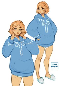 1girl animal_slippers artist_logo blonde_hair blue_hoodie braid champagne_flute commentary crown_braid cup drinking_glass english_commentary highres hood hood_down hoodie kamii_momoru logo looking_at_viewer multiple_views nintendo no_pants pointy_ears princess_zelda short_hair sidelocks simple_background slippers the_legend_of_zelda the_legend_of_zelda:_tears_of_the_kingdom white_background white_slippers