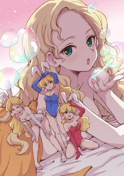 4girls akane_(parodius) animal_ears arm_up arms_up bare_legs bare_shoulders bed_sheet blonde_hair blue_eyes blue_gloves blue_leotard breasts character_request cleavage closed_mouth commentary_request covered_navel dutch_angle earrings elbow_gloves fake_animal_ears fake_tail giant giantess gloves green_eyes grin half-closed_eyes hand_up hands_on_own_knees high_heels highres hikaru_(parodius) honey_mikayo jewelry kneeling large_breasts leaning_forward leotard long_hair looking_at_viewer lying medium_breasts multiple_girls on_stomach one_eye_closed open_mouth parodius playboy_bunny pom_pom_(clothes) pom_pom_earrings rabbit_ears rabbit_tail red_eyes red_gloves red_leotard red_shoes satomura_kyou shoes smile soap_bubbles strapless strapless_leotard tail under_covers wavy_hair white_gloves white_leotard white_shoes yellow_eyes