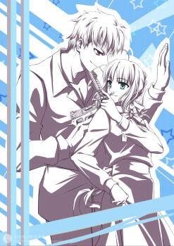 1boy 1girl ahoge aiming antatica11 aqua_eyes artoria_pendragon_(fate) commentary_request dress emiya_shirou fate/stay_night fate_(series) greyscale_with_colored_background gun handgun heart height_difference holding holding_gun holding_knife holding_weapon knife lofter_username long_dress purple_eyes saber_(fate) spoken_heart watermark weapon