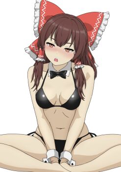 1girl barefoot between_legs bikini black_bikini black_bow black_bowtie bow bowtie breasts brown_hair collarbone commentary_request detached_collar frilled_bow frilled_hair_tubes frills hair_bow hair_tubes hakurei_reimu halterneck hand_between_legs hatochutv highres indian_style long_hair navel open_mouth red_bow side-tie_bikini_bottom sidelocks simple_background sitting solo swimsuit touhou upper_body white_background white_wrist_cuffs wrist_cuffs