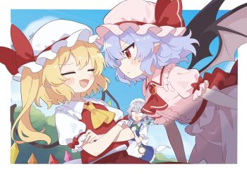 3girls apron ascot back_bow bat_wings blonde_hair blue_sky blush bow braid brooch closed_eyes closed_mouth collared_shirt commentary_request crossed_arms crystal crystal_wings day fang flandre_scarlet frilled_shirt_collar frills green_bow grey_hair hair_bow hat hat_ribbon izayoi_sakuya jewelry long_hair maid maid_headdress masakamea mob_cap multicolored_wings multiple_girls one_side_up open_mouth pink_hat pink_shirt pink_skirt pocket_watch pointy_ears puffy_short_sleeves puffy_sleeves red_ascot red_bow red_eyes red_skirt red_vest remilia_scarlet ribbon shirt short_sleeves siblings sisters skin_fang skirt skirt_set sky sleeve_bow smile touhou twin_braids twitter_username vest waist_apron watch white_apron white_hat white_shirt wings yellow_ascot