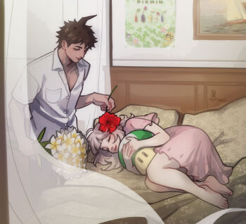 1boy 1girl 2025 absurdres ahoge alternate_costume artist_logo barefoot bed brown_shirt collarbone collared_shirt commission copyright_request danganronpa_(series) danganronpa_2:_goodbye_despair dress flower hair_ornament highres hinata_hajime holding logo lying marmuruah medium_hair nanami_chiaki on_side pillow pink_dress red_flower shirt short_hair short_sleeves sleeping smile super_mushroom white_flower