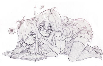 2girls ahoge amissio anger_vein annoyed aria_wintermint ass black-framed_eyewear body_freckles book breasts cheek_poking cleavage fishnet_sleeves fishnets freckles fur-trimmed_shorts fur_trim girl_on_top glasses goth_fashion hair_over_one_eye hand_on_another's_head highres kaz_asteri large_breasts long_hair lying multiple_girls musical_note negative_frames on_person on_stomach open_book original parororo petting poking shorts simple_background smile striped_clothes striped_thighhighs the_crawling_city thighhighs white_background