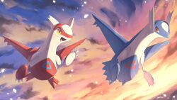 Rule 34 | artist name, blue wings, creatures (company), full body, game freak, gen 3 pokemon, highres, latias, latios, legendary pokemon, looking at another, makoto ikemu, midair, nintendo, pokemon, pokemon (creature), red eyes, red wings, signature, sky, sunset, wings, yellow eyes