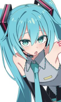 1girl bare_shoulders black_skirt black_sleeves blue_eyes blue_hair blue_necktie blush collared_shirt commentary_request cowboy_shot detached_sleeves grey_shirt hair_between_eyes hatsune_miku headset long_hair looking_at_viewer maud0239 miniskirt necktie number_tattoo open_mouth pleated_skirt shirt shoulder_tattoo simple_background skirt sleeveless sleeveless_shirt solo tattoo twintails vocaloid white_background