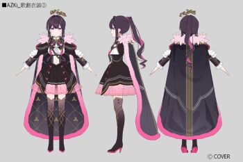 1girl a-pose azki_(departure)_(hololive) azki_(hololive) bilingual_commentary black_boots black_bow black_bowtie black_cape black_corset black_dress boots bow bowtie brown_hair cape center_frills closed_mouth colored_inner_hair colored_shoe_soles company_name copyright_notice corset crown double-parted_bangs dress feather-trimmed_cape floating_crown frilled_shirt_collar frills full_body gold_trim grey_background hair_between_eyes hair_intakes high_heel_boots high_heels high_ponytail holding hololive jacket juliet_sleeves layered_skirt long_hair long_sleeves looking_at_viewer miniskirt mixed-language_commentary mole mole_under_eye multicolored_hair multiple_views muto_(n0sug4r) official_alternate_costume official_alternate_hairstyle official_art pink_hair pleated_skirt ponytail puffy_sleeves purple_eyes reference_sheet second-party_source see-through_skirt_layer shirt sidelocks simple_background skirt straight-on streaked_hair thigh_boots translation_request turnaround virtual_youtuber white_streaks