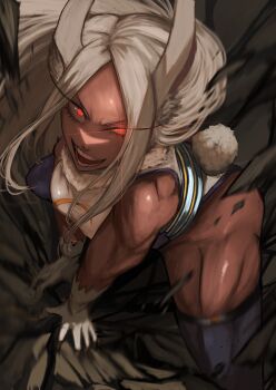 1girl absurdres animal_ears bare_shoulders boku_no_hero_academia breaking breasts clothing_cutout crescent_print dark-skinned_female dark_skin debris floating_hair from_above fur_collar gloves glowing glowing_eye hasewo highres leotard long_eyelashes long_hair looking_at_viewer medium_breasts mirko open_mouth parted_bangs purple_thighhighs rabbit_ears rabbit_girl rabbit_tail red_eyes sleeveless_turtleneck_leotard smile solo squatting tail tail_through_clothes taut_leotard teeth thick_thighs thighhighs thighs toned toned_female uneven_eyes white_gloves white_hair white_leotard