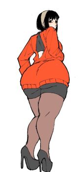 1girl 2025 ass back_cutout black_bra black_eyes black_hair black_shoes blunt_bangs bra breasts brown_pantyhose bunniepixel clothing_cutout collarbone eyebrows_hidden_by_hair female_focus from_below full_body hair_over_shoulder hairband high_heels huge_ass indoors large_breasts long_hair long_sleeves looking_at_viewer looking_back pantyhose pink_lips plump red_sweater reference_work shoes sideboob sidelocks simple_background solo spy_x_family standing stiletto_heels sweater thick_lips thick_thighs thighs tworandal underwear white_background wide_hips yor_briar