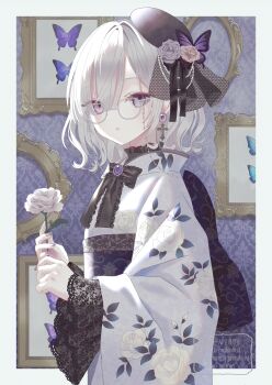 1girl absurdres beret black_bow black_bowtie black_hat black_ribbon black_shirt black_sleeves border bow bowtie brooch bug butterfly butterfly_hat_ornament commentary cowboy_shot cross cross_earrings cross_fleury earrings empty_picture_frame eyewear_strap fingernails floral_print floral_print_kimono flower frilled_bowtie frilled_shirt_collar frills from_side glasses grey_hair hat hat_bow hat_flower hat_ornament hat_ribbon highres holding holding_flower insect japanese_clothes jewelry kimono lace lace_sleeves latin_cross long_sleeves looking_at_viewer medium_hair mini_hat obi obiage original outside_border painting_(object) parted_lips paruno picture_frame print_kimono purple_eyes ribbon sash shirt solo standing watermark white-framed_eyewear white_border white_flower white_kimono wide_sleeves