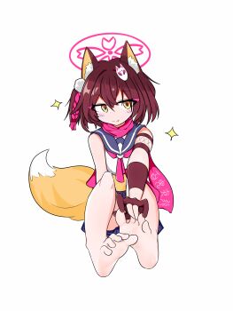 1girl absurdres animal_ears barefoot blue_archive blush brown_hair feet fox_ears fox_tail highres izuna_(blue_archive) kitsune long_hair looking_to_the_side smile soles tail toes xiao_you_ovo yellow_eyes