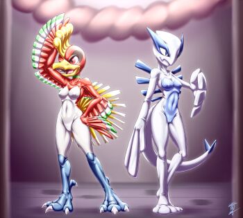 Rule 34 | 2girls, alternate costume, aozame takao, arm up, blue bodysuit, blurry, blurry background, bodysuit, breasts, commentary request, cosplay, covered erect nipples, covered navel, fake tail, full body, gen 2 pokemon, hand on own hip, highres, ho-oh, ho-oh (cosplay), latex, latex bodysuit, legendary pokemon, lugia, lugia (cosplay), mask, medium breasts, multicolored bodysuit, multiple girls, nintendo, pokemon, red bodysuit, shiny clothes, signature, skin tight, small breasts, standing, tail, tiptoes, touhou, variant set, white bodysuit, yorigami jo'on, yorigami shion