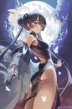 1girl absurdres black_dress black_eyes black_hair black_jacket blue_archive blush breasts butterfly_hair_ornament china_dress chinese_clothes closed_mouth commentary_request double_bun dress full_moon grey_halo hair_bun hair_ornament halo highres jacket kisaki_(blue_archive) korean_commentary long_hair looking_at_viewer moon small_breasts solo standing striped_clothes striped_jacket thighs twintails twitter_username vertical-striped_clothes vertical-striped_jacket yc97