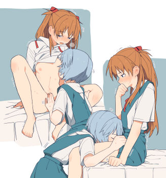 2girls ayanami_rei barefoot blue_background blue_eyes blue_hair blush bottomless breast_sucking breasts clothes_lift coldcat. cunnilingus female_focus fingering highres looking_at_another multiple_girls neon_genesis_evangelion nipples open_mouth oral orange_hair school_uniform short_hair short_sleeves simple_background sitting skirt skirt_lift small_breasts souryuu_asuka_langley sweat tears tokyo-3_middle_school_uniform trembling two-tone_background yuri