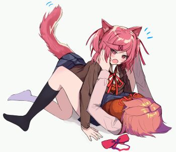 2girls ^^^ b4_(yonten) between_legs black_socks blazer blue_skirt breasts brown_jacket cat_girl cat_tail collared_shirt commentary_request doki_doki_literature_club doki_doki_literature_club_school_uniform fang girl_on_top hair_ornament hairclip hand_on_another&#039;s_head highres jacket kneehighs lapels long_sleeves lying medium_breasts miniskirt multiple_girls natsuki_(doki_doki_literature_club) neck_ribbon notched_lapels on_back open_mouth orange_hair orange_sweater_vest partial_commentary pink_hair pleated_skirt red_ribbon ribbon sayori_(doki_doki_literature_club) school_uniform shirt short_hair skirt socks sweater_vest tail white_socks yuri