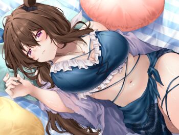 Rule 34 | 1girl, admire vega (umamusume), animal ears, bikini, blue bikini, blue sarong, blush, breasts, brown hair, cleavage, closed mouth, commentary request, ear covers, frilled bikini, frills, hair between eyes, highres, horse ears, horse girl, horse tail, jewelry, large breasts, long hair, looking at viewer, lying, mixed-language commentary, navel, necklace, on back, purple eyes, red hayao, sarong, single ear cover, solo, stomach, sweatdrop, swimsuit, tail, thighs, umamusume