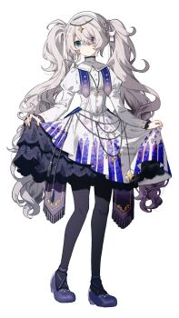 1girl 25-ji_miku aqua_eyes black_pantyhose closed_mouth corset dot_nose dress expressionless facing_viewer frills full_body grey_hair hair_between_eyes hairband hatsune_miku heterochromia high_collar highres holding juliet_sleeves long_hair long_sleeves looking_down migolu musical_note_necklace noctis_monaka_(project_sekai) official_alternate_costume pantyhose pink_eyes project_sekai puffy_sleeves purple_shoes shoes sidelocks simple_background skirt_hold solo standing star_(symbol) twintails twitter_username underbust very_long_hair vocaloid white_background white_corset white_dress