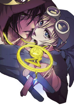 2boys alternate_design black_hair blonde_hair blue_eyes blue_gloves blue_hat blue_tunic brown_gloves cheek-to-cheek commentary_request couple crown dark_persona dragon_quest dragon_quest_builders fur_trim gloves glowing glowing_necklace goggles goggles_on_headwear green_eyes hat heads_together hero_(dq1) highres interlocked_fingers jewelry looking_at_viewer male_builder_(dqb) male_focus matudairaks medium_hair multiple_boys neckerchief official_alternate_costume parted_lips pendant princess_laura red_hood red_neckerchief shared_necklace tongue tongue_out tunic upper_body white_background yaoi