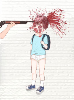 2boy aged_down backpack bag blood blood_splatter brain briefs brown_hair corpse death dying explosion eyeball firing gun guro headshot highres ikedanemuru imminent_death male male_focus male_gore male_underwear necrophilia orange_eyes original randoseru ryona shirt shoes shoot shot shota shotgun sneakers socks t-shirt thighs thighs_focus tongue tongue_out underwear weapon weapon_focus