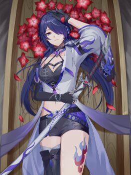 1girl absurdres acheron_(honkai:_star_rail) ayame_(ayameiro) bandages belt boots breasts choker cleavage commentary crop_top detached_sleeves flower gloves hair_over_one_eye highres holding holding_sword holding_weapon honkai:_star_rail honkai_(series) jacket large_breasts leg_tattoo long_hair open_clothes open_jacket purple_eyes purple_hair red_flower scabbard sheath shorts single_detached_sleeve strap sword tattoo thigh_boots thighs very_long_hair weapon