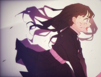 Rule 34 | 0 ebj, 1girl, belt, black hair, black jacket, black skirt, bruise, buttons, character request, commentary request, cowboy shot, crying, crying with eyes open, cuts, demon slayer uniform, floating hair, from side, grey background, injury, jacket, kimetsu no yaiba, light particles, long hair, long sleeves, open mouth, pleated skirt, profile, purple eyes, skirt, solo, standing, tears, teeth, upper teeth only, water drop, white belt, wind