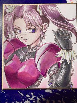 armor armored_dress arms_up artist_name blue_eyes brown_hair choker dress fighting_vipers honey_(fighting_vipers) kogemaguro looking_to_the_side painting_(medium) sega shoulder_pads traditional_media twintails