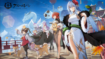 4girls :d absurdres ahoge animal animal_on_head animal_on_lap architecture azur_lane baby_animal bare_shoulders bird black_coat black_dress black_pantyhose black_shoes blue_eyes blue_sky boots braid breasts brown_hair bull bun_cover cat chick china_dress chinese_clothes chinese_zodiac cleavage closed_mouth cloud coat commentary cropped_jacket day dog dragon dress east_asian_architecture eastern_dragon enterprise_(azur_lane) enterprise_(blooming_peony)_(azur_lane) eyebrows_hidden_by_hair falling_leaves feather-trimmed_coat feather_boa feather_trim flats floating floating_island flower forked_tongue full_body fur-trimmed_boots fur-trimmed_jacket fur_trim gold_trim grey_hair hair_between_eyes hair_bun hair_flower hair_intakes hair_ornament hairband hairpods highres holding holding_animal jacket jewelry kexue large_breasts leaf lens_flare logo long_hair looking_at_viewer looking_to_the_side manjuu_(azur_lane) monarch_(azur_lane) monarch_(black_gerard)_(azur_lane) monkey mountain mouse_(animal) multiple_girls off_shoulder official_alternate_costume official_art on_head on_lap one_side_up open_clothes open_jacket open_mouth outdoors pantyhose pelvic_curtain pig ping_hai_(azur_lane) ping_hai_(great_gourmet_expedition)_(azur_lane) pointing pointing_up purple_eyes purple_hair rabbit railing red_dress red_eyes red_hair salute shadow sheep shiba_inu shoes short_sleeves side_slit sidelocks single_hair_bun single_side_bun sky sleeveless small_breasts smile snake standing taut_clothes taut_dress thighhighs thighlet tongue twintails unicorn_(azur_lane) unicorn_(the_gift_of_spring)_(azur_lane) untranslatable_commentary very_long_hair walking white_dress white_hairband white_jacket white_shoes white_thighhighs winged_unicorn wrist_cuffs