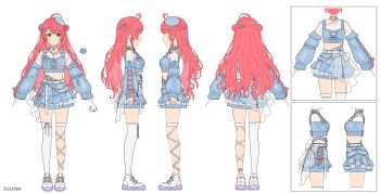 Rule 34 | 1girl, absurdres, ahoge, blue choker, blue hat, blue sleeves, bow, choker, commentary request, copyright notice, cropped shirt, cross-laced clothes, cross-laced skirt, cross-laced sleeves, detached sleeves, double bun, earrings, frilled skirt, frills, full body, green eyes, hair bun, hair ornament, hairclip, hat, highres, hololive, jewelry, long hair, midriff, mini hat, miniskirt, mochipuyo (canvas mochi), multiple views, necklace, official alternate costume, official alternate hairstyle, official art, pink hair, reference sheet, sakura miko, sakura miko (11th costume), shirt, shoes, side up bun, simple background, single off shoulder, single thighhigh, skirt, sneakers, thighhighs, tilted headwear, turnaround, virtual youtuber, waist bow, white background, white shirt, white shoes, white skirt, x hair ornament