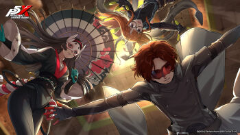 1boy 2girls absurdres black-framed_eyewear black_bodysuit black_hair black_jacket bodysuit copyright_name floating_hair fox_mask glasses gloves grin highres holding holding_umbrella jacket japanese_clothes kamishiro_nagisa kimono long_hair long_sleeves looking_at_viewer mask masked multiple_girls official_art oil-paper_umbrella oracle_(persona_5) orange_hair persona persona_5 persona_5:_the_phantom_x red_hair sakura_futaba short_hair smile tanemura_riko umbrella werkbau white_mask wind_(p5x) wonder_(p5x)