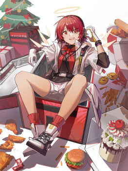 1girl :d antenna_hair apple apple_slice arknights arm_rest belt belt_buckle belt_pouch black_belt black_shirt box bread bread_bun breasts bucket bucket_of_chicken buckle burger cable cake chicken_(food) chicken_leg chicken_wing chocolate christmas christmas_ornaments christmas_present christmas_tree coat commentary dessert detached_wings display_case energy_wings exusiai_(arknights) exusiai_(city_rider)_(arknights) fast_food film_grain flatbread food french_fries fried_chicken from_above fruit full_body gift gift_box gift_wrapping glass gloves hair_between_eyes hair_over_one_eye halo hand_on_headphones hand_up happy headphones high_collar highres hongchamashu hood hood_down hooded_coat icing in_box in_container insulated_delivery_bag invisible_floor ketchup kfc kiwi_(fruit) kiwi_slice knees_apart_feet_together layered_sleeves leather_belt legs lettuce long_sleeves looking_at_viewer looking_up lying medium_breasts neckerchief official_alternate_costume on_back open_box open_clothes open_coat open_mouth pine_tree pot_pie pouch red_hair red_neckerchief red_socks ribbed_socks see-through_clothes see-through_coat shadow shirt shoelaces shoes short_hair short_over_long_sleeves short_shorts short_sleeves shorts shoulder_strap simple_background smile socks solo striped_neckerchief takeout_container teeth thighs tongue tortilla traditional_halo tree turtleneck turtleneck_shirt untranslatable_commentary untucked_shirt upper_teeth_only white_background white_coat white_gloves white_hood white_shoes white_shorts wide_sleeves wings yellow_halo yellow_wings zipper zipper_pull_tab