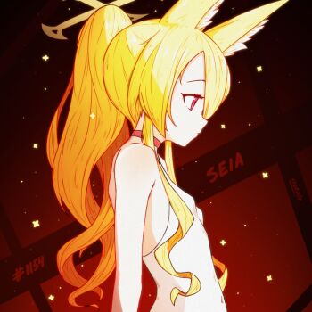 animal_ears blonde_hair blue_archive breasts commentary cross_halo fox_ears fox_girl from_side halo long_hair one-piece_swimsuit ponytail seia_(blue_archive) seia_(swimsuit)_(blue_archive) small_breasts srgrafo swimsuit white_one-piece_swimsuit