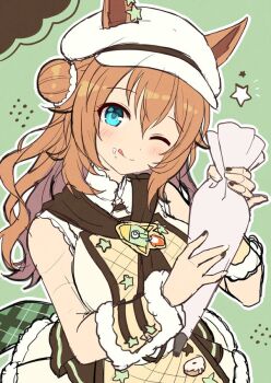 1girl animal_ears blonde_hair blue_eyes blush breasts brown_neckerchief closed_mouth commentary_request earrings ears_through_headwear food food_on_face hair_between_eyes hair_bun hat holding holding_pastry_bag horse_ears horse_girl jewelry large_breasts long_hair looking_at_viewer mauve neckerchief official_alternate_hairstyle one_eye_closed pastry_bag shirt skirt sleeveless sleeveless_shirt smile star_(symbol) star_earrings taiki_shuttle_(baa_baa_patisserie)_(umamusume) taiki_shuttle_(umamusume) tail tongue tongue_out umamusume