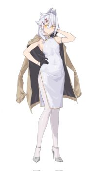 armpits bare_shoulders black_gloves blush bracelet breasts china_dress chinese_clothes coat d&#039;orsay_heels dress expressionless gloves hair_ribbon hand_on_own_hip high_heels highres holding holding_coat holding_unworn_clothes jewelry looking_at_viewer original pantyhose ribbon shoes side_slit small_breasts stank stiletto_heels strappy_heels unworn_coat white_dress white_hair white_pantyhose white_shoes yellow_eyes