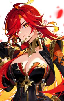 Rule 34 | 1girl, absurdres, biker clothes, black bodysuit, black gloves, black jacket, blonde hair, bodysuit, breasts, cleavage, commentary, cowlick, cropped jacket, genshin impact, gloves, hand on own hip, highres, holding, holding removed eyewear, jacket, large breasts, long hair, long sleeves, looking at viewer, making-of available, mavuika (genshin impact), multicolored hair, one eye closed, open clothes, open jacket, orange eyes, orange hair, red hair, simple background, smile, solo, sugarcanedove, sunglasses, unworn eyewear, upper body, white background, zipper, zipper pull tab