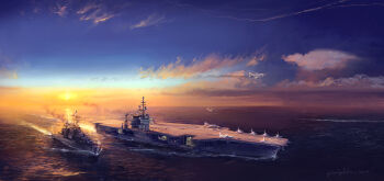 a-4_skyhawk aircraft aircraft_carrier airplane cloud commentary destroyer english_commentary f-4_phantom_ii f-8_crusader fighter_jet flying highres julien_lepelletier military_vehicle ocean original outdoors sailing ship sunrise united_states_navy uss_constellation_(cv_64) uss_stormes_(dd-780) vehicle_focus vietnam_war warship watercraft